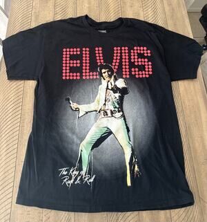Elvis Presley The King of Rock & Roll Graphic T-Shirt Black Size Large Tee